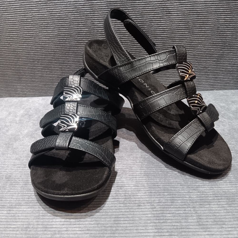Vionic Amber Black Leather‎ Croc Strappy Comfort Sandal Size 8.5 Orthopedic